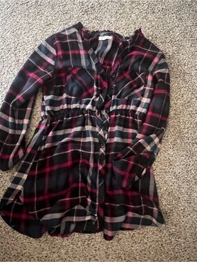 Maurices Black Plaid Button-Front Tunic with Pink and Gray Accents